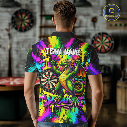 Custom Flame Dragon Darts 1/4-Zip Polo Shirt For Men Colorful Splatter Funny Darts Team Jersey NYN4791