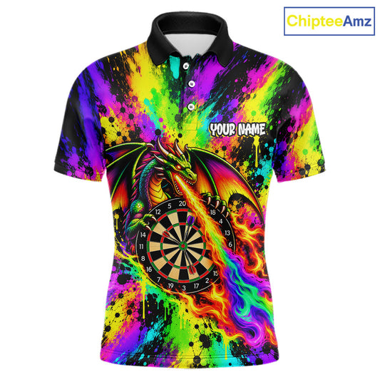 Custom Flame Dragon Darts 1/4-Zip Polo Shirt For Men Colorful Splatter Funny Darts Team Jersey NYN4791