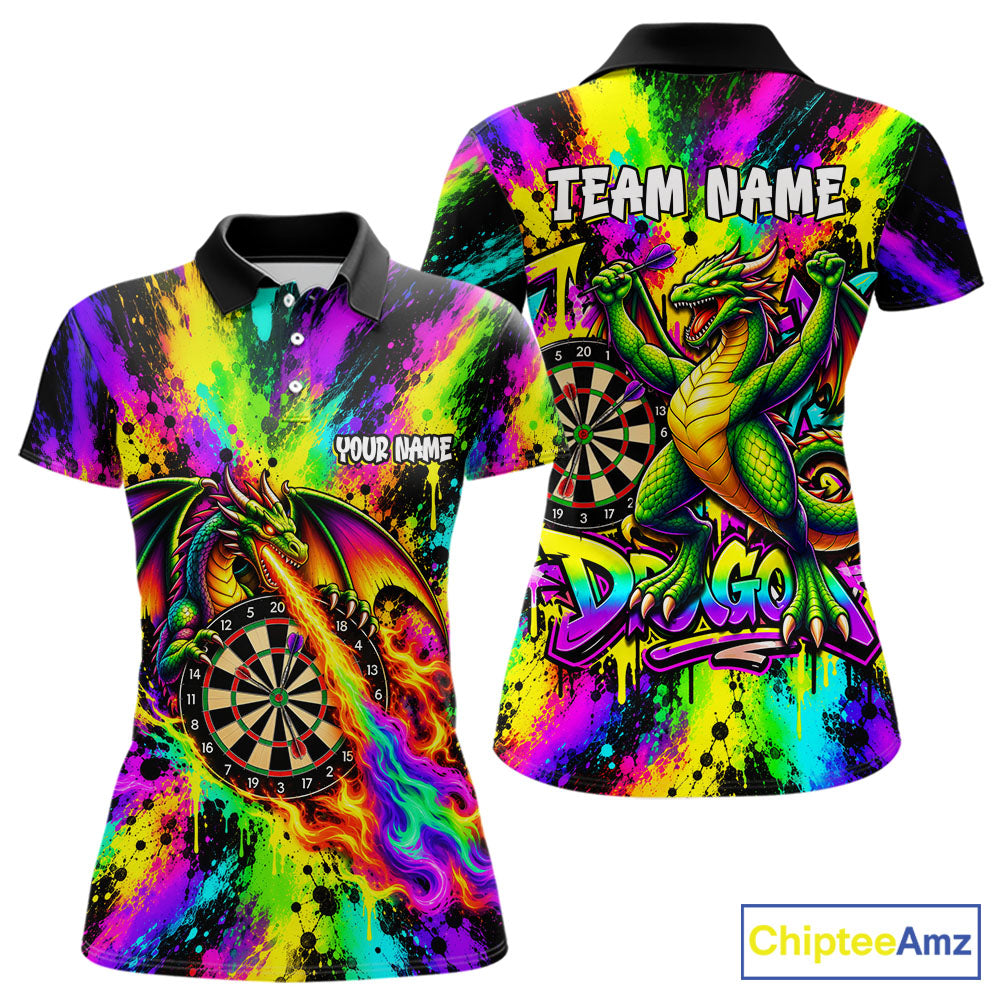Custom Flame Dragon Darts 1/4-Zip Polo Shirt For Women Colorful Splatter Funny Darts Team Jersey NYN4791