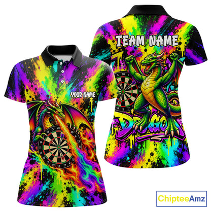 Custom Flame Dragon Darts 1/4-Zip Polo Shirt For Women Colorful Splatter Funny Darts Team Jersey NYN4791