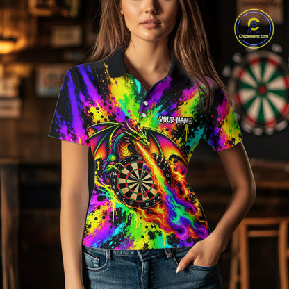 Custom Flame Dragon Darts 1/4-Zip Polo Shirt For Women Colorful Splatter Funny Darts Team Jersey NYN4791