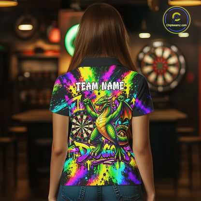 Custom Flame Dragon Darts 1/4-Zip Polo Shirt For Women Colorful Splatter Funny Darts Team Jersey NYN4791