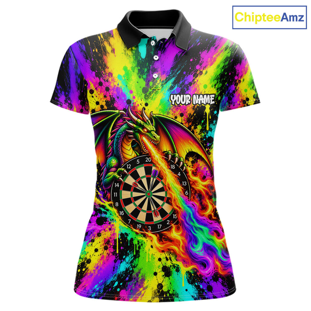 Custom Flame Dragon Darts 1/4-Zip Polo Shirt For Women Colorful Splatter Funny Darts Team Jersey NYN4791