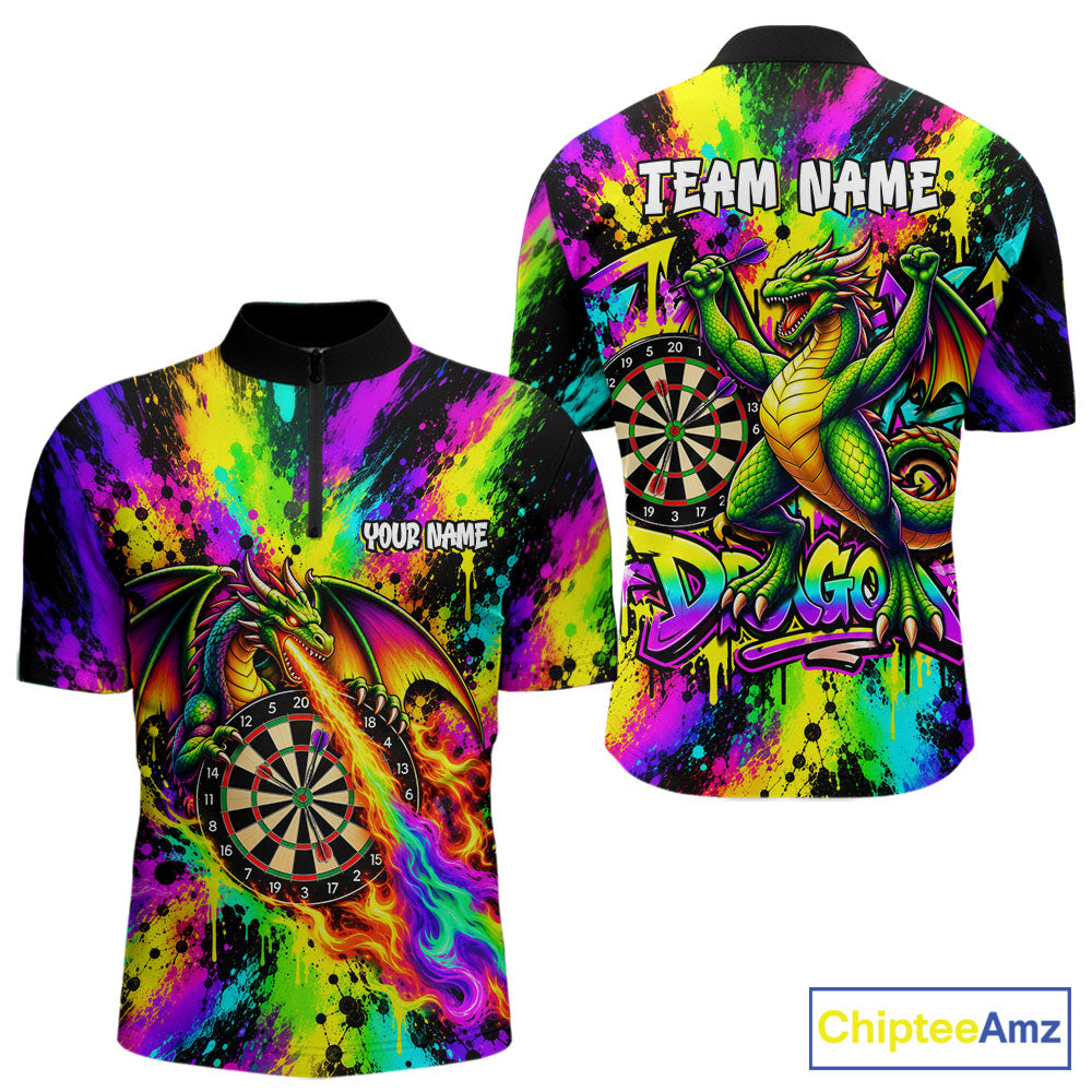 Custom Flame Dragon Darts 1/4-Zip Polo Shirt For Men Colorful Splatter Funny Darts Team Jersey NYN4791