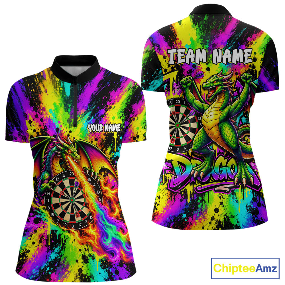 Custom Flame Dragon Darts 1/4-Zip Polo Shirt For Women Colorful Splatter Funny Darts Team Jersey NYN4791