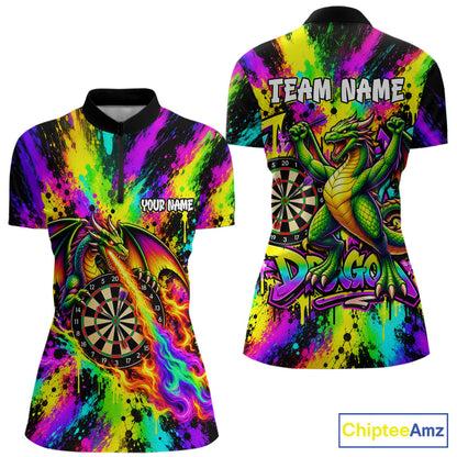 Custom Flame Dragon Darts 1/4-Zip Polo Shirt For Women Colorful Splatter Funny Darts Team Jersey NYN4791