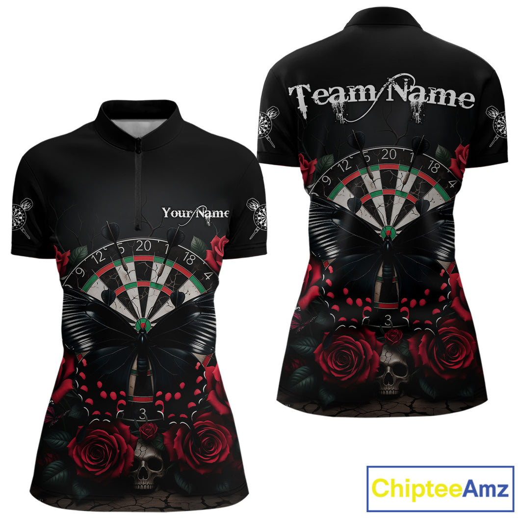Red Roses Dartboard Butterfly Skull Custom Women Darts Quarter-Zip Shirt Dart Team Jerseys NYN1910