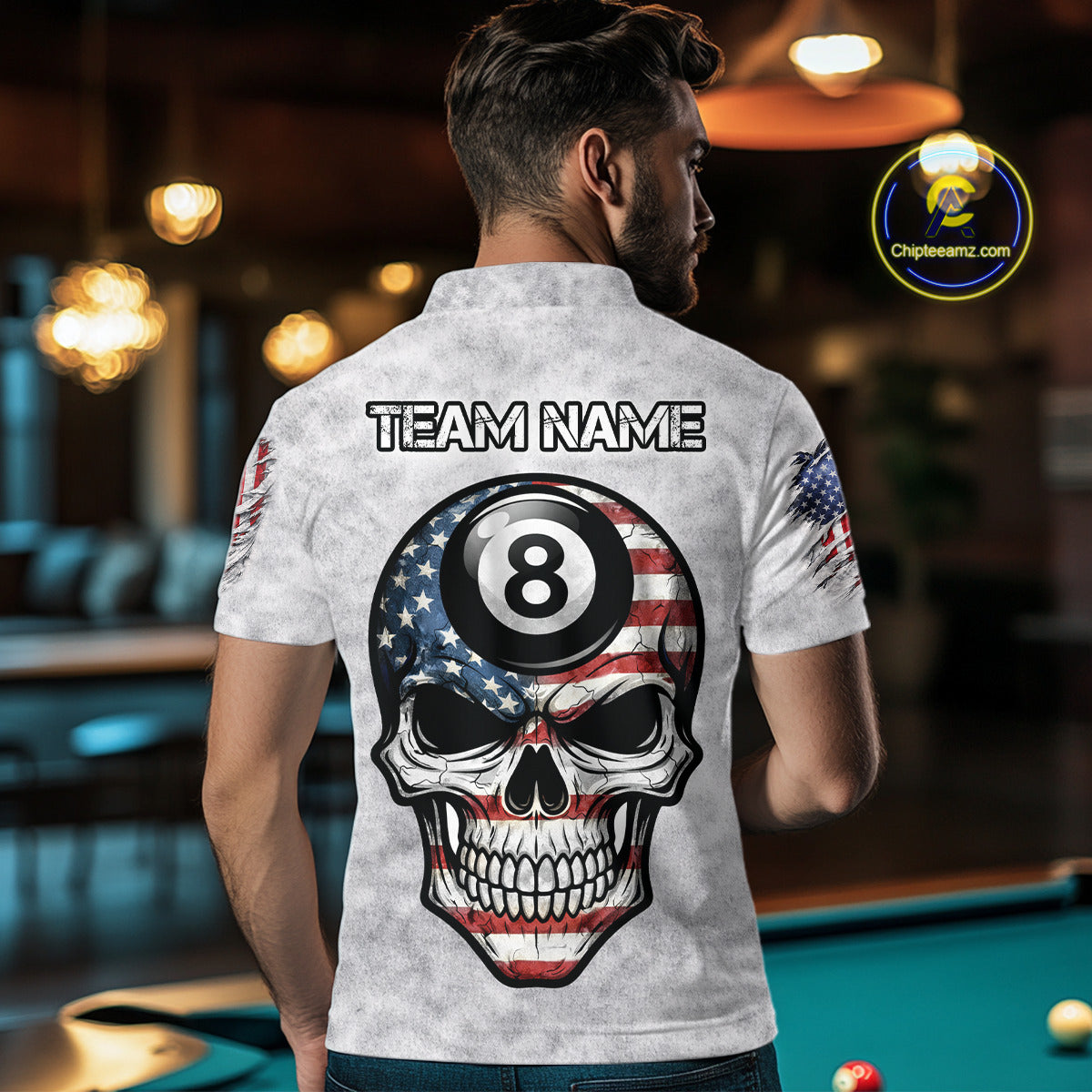 Personalized White Grunge American Flag Skull Pool 8 Ball Men's Billiard Team Shirt Billiard Attire NYN2671