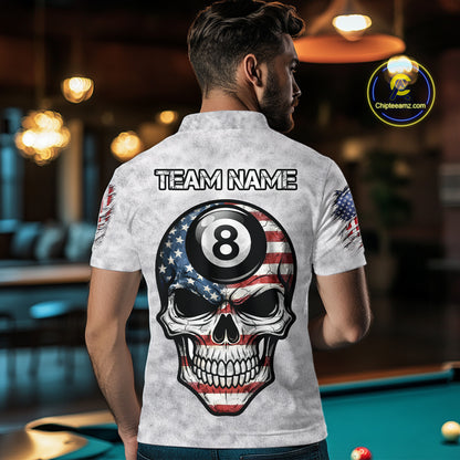 Personalized White Grunge American Flag Skull Pool 8 Ball Men's Billiard Team Shirt Billiard Attire NYN2671