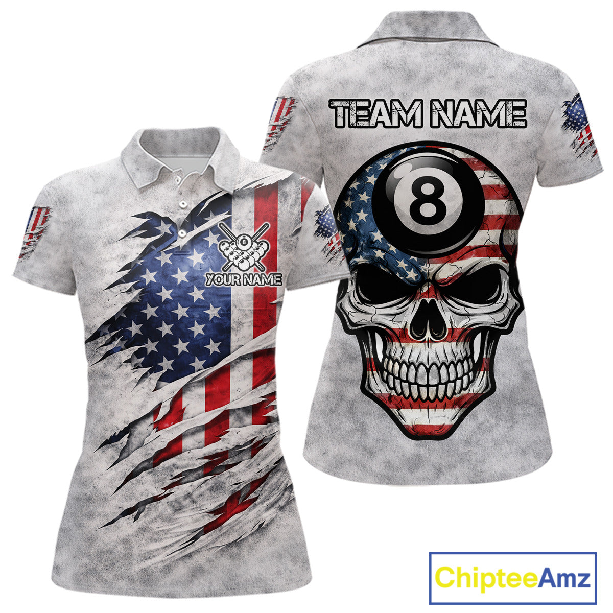 Personalized White Grunge American Flag Skull Pool 8 Ball Women's Billiard Team Shirt Billiard Attire NYN2671