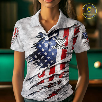 Personalized White Grunge American Flag Skull Pool 8 Ball Women's Billiard Team Shirt Billiard Attire NYN2671