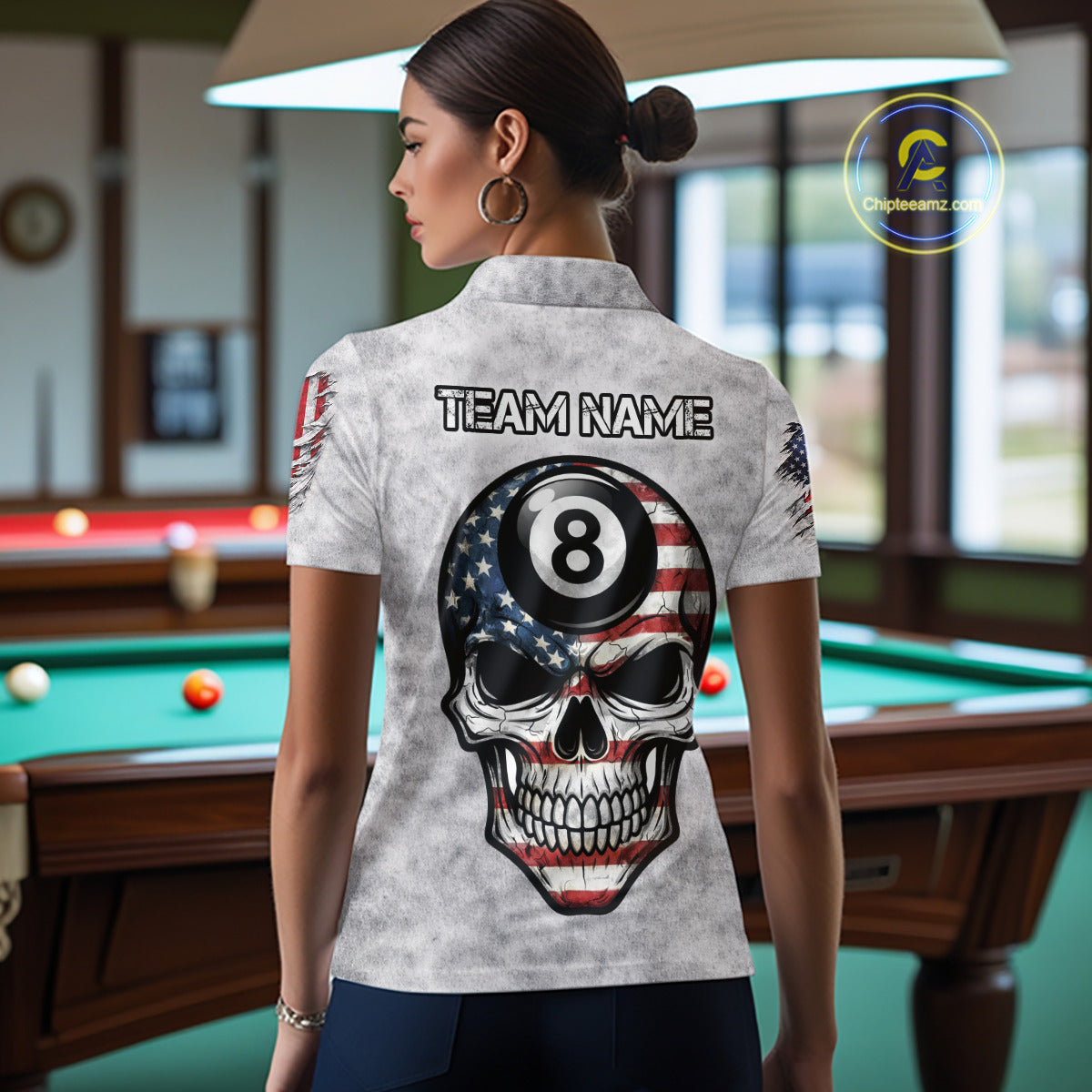 Personalized White Grunge American Flag Skull Pool 8 Ball Women's Billiard Team Shirt Billiard Attire NYN2671
