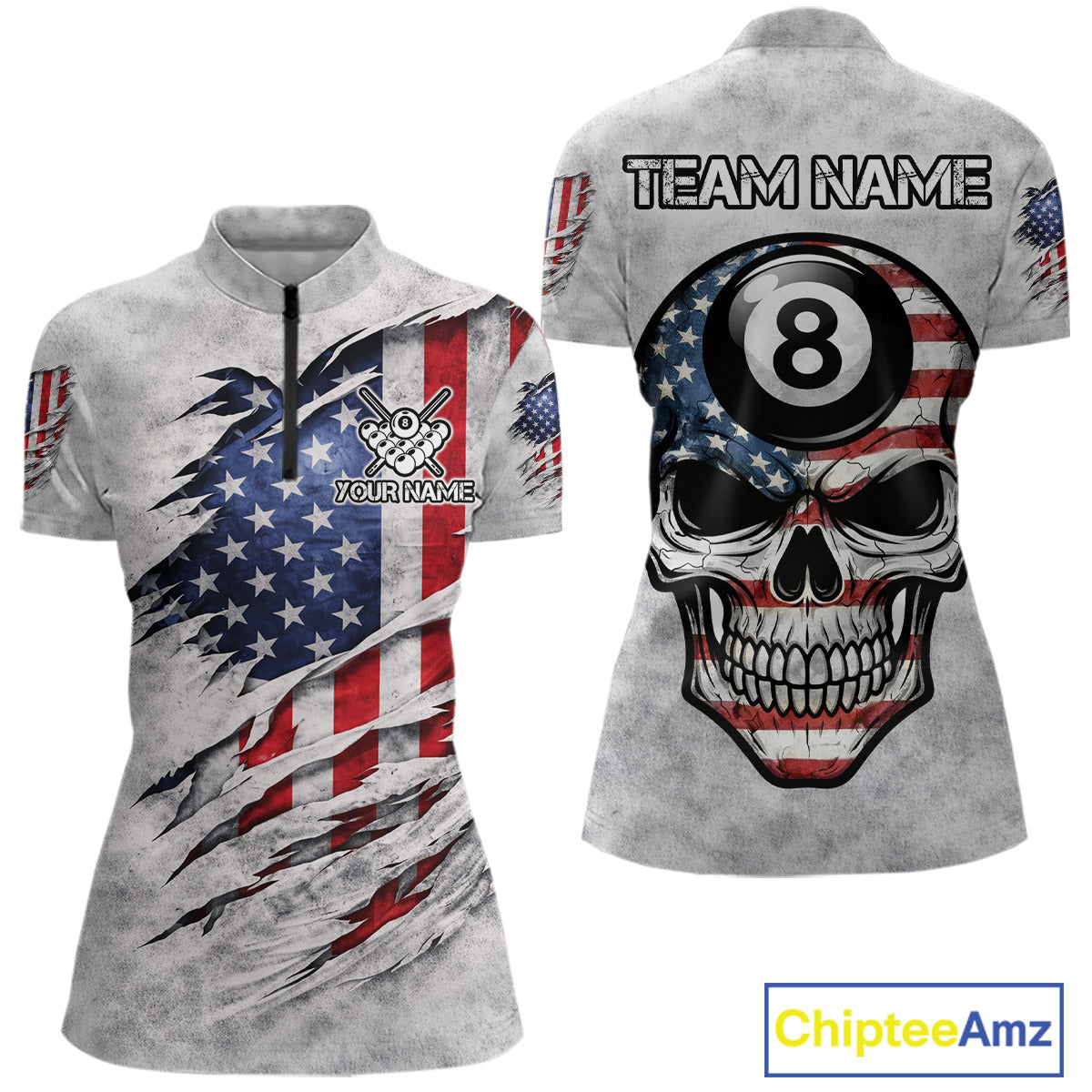 Personalized White Grunge American Flag Skull Pool 8 Ball Women's Billiard Team Shirt Billiard Attire NYN2671