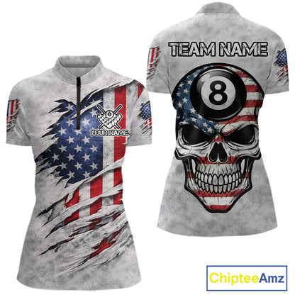 Personalized White Grunge American Flag Skull Pool 8 Ball Women's Billiard Team Shirt Billiard Attire NYN2671
