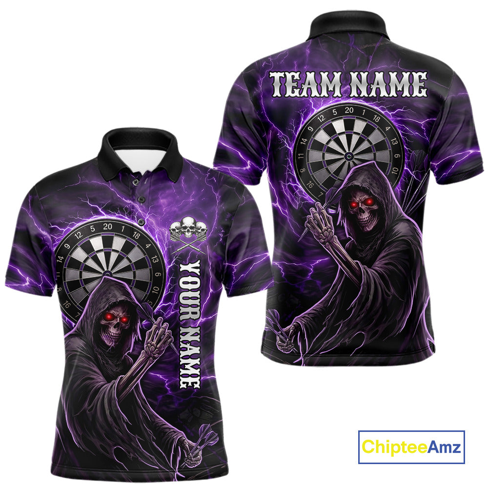 Grunge Purple Grim Reaper Men Darts Polo & 1/4-Zip Shirts Custom Thunder Lightning Darts Team Jersey NYN3037
