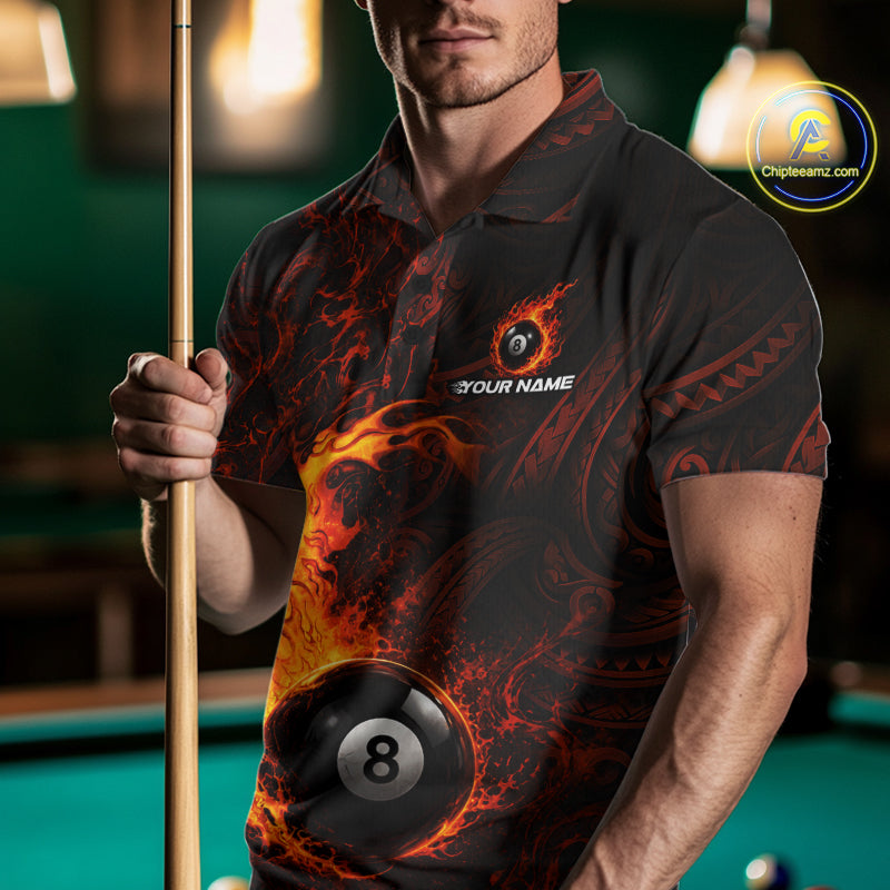 Red Tribal Pattern Pool Billiard Shirt For Men Custom Flame 8 Ball Billiard League Team Jersey NYN4054
