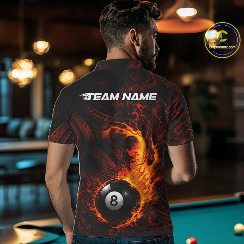 Red Tribal Pattern Pool Billiard Shirt For Men Custom Flame 8 Ball Billiard League Team Jersey NYN4054