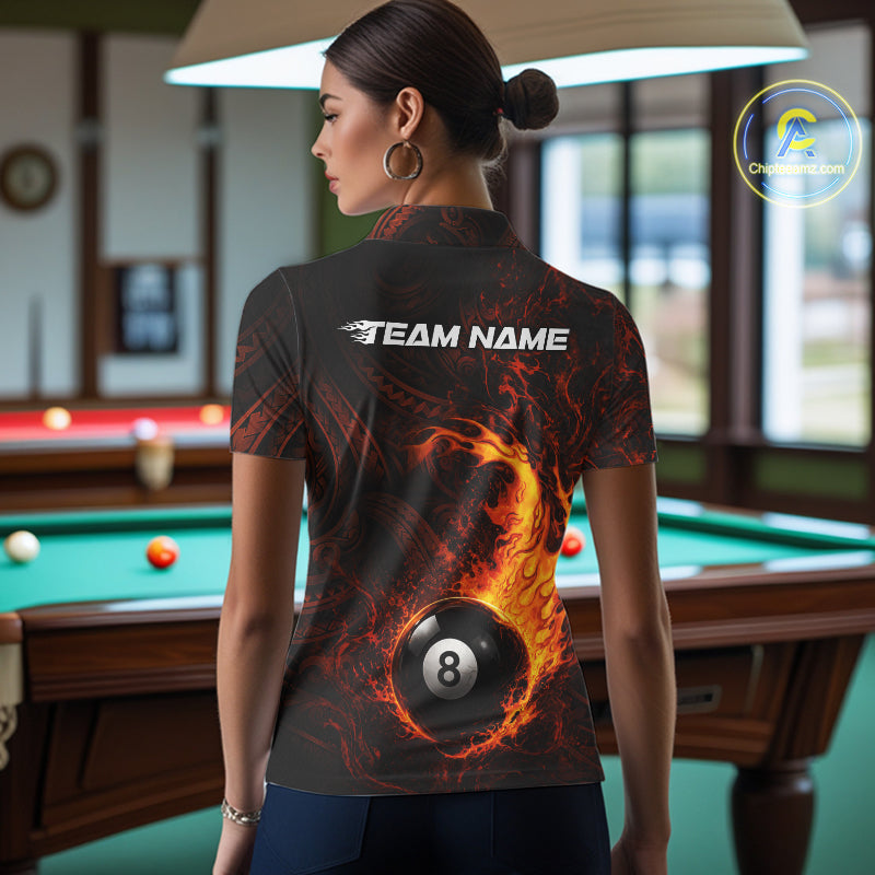 Red Tribal Pattern Pool Billiard Shirt For Women Custom Flame 8 Ball Billiard League Team Jersey NYN4054