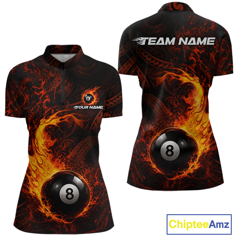 Red Tribal Pattern Pool Billiard Shirt For Women Custom Flame 8 Ball Billiard League Team Jersey NYN4054