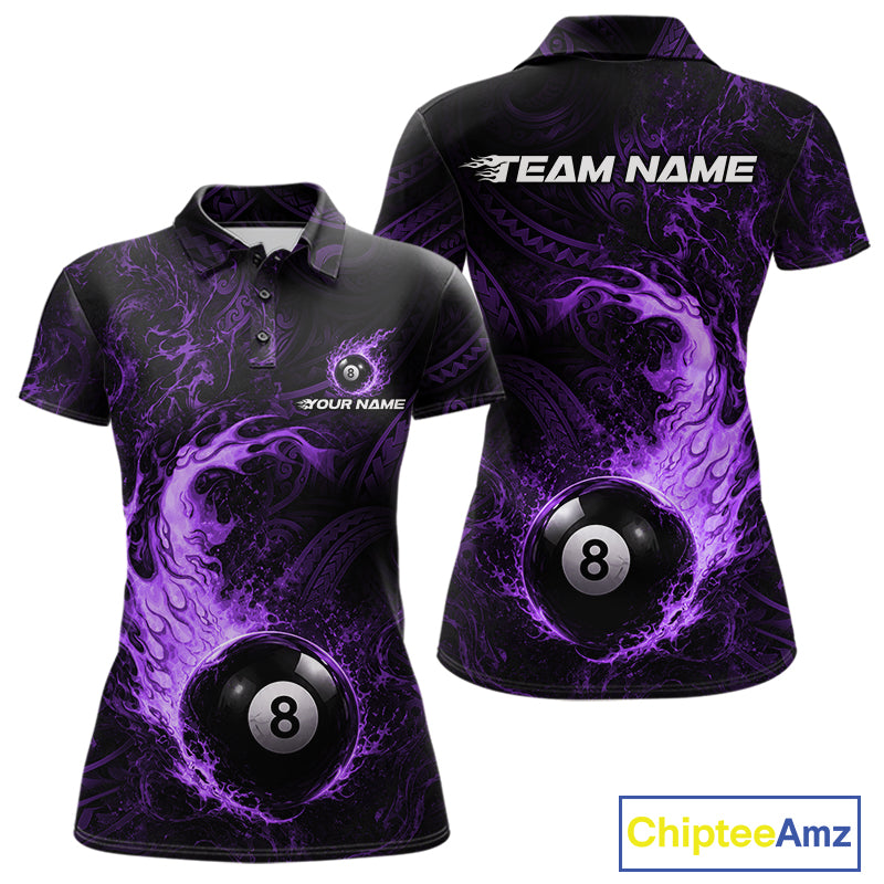 Purple Tribal Pattern Pool Billiard Shirt For Women Custom Flame 8 Ball Billiard League Team Jersey NYN4055