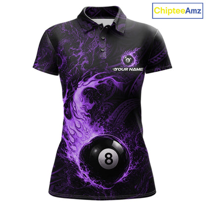 Purple Tribal Pattern Pool Billiard Shirt For Women Custom Flame 8 Ball Billiard League Team Jersey NYN4055