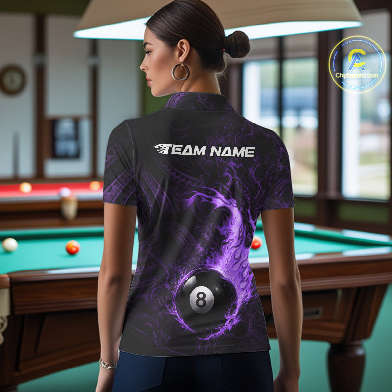 Purple Tribal Pattern Pool Billiard Shirt For Women Custom Flame 8 Ball Billiard League Team Jersey NYN4055