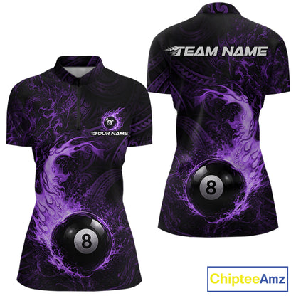 Purple Tribal Pattern Pool Billiard Shirt For Women Custom Flame 8 Ball Billiard League Team Jersey NYN4055