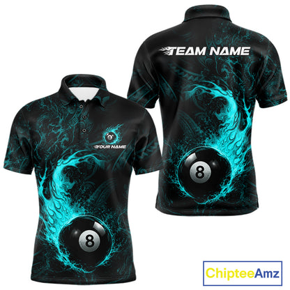 Teal Tribal Pattern Pool Billiard Shirt For Men Custom Flame 8 Ball Billiard League Team Jersey NYN4056