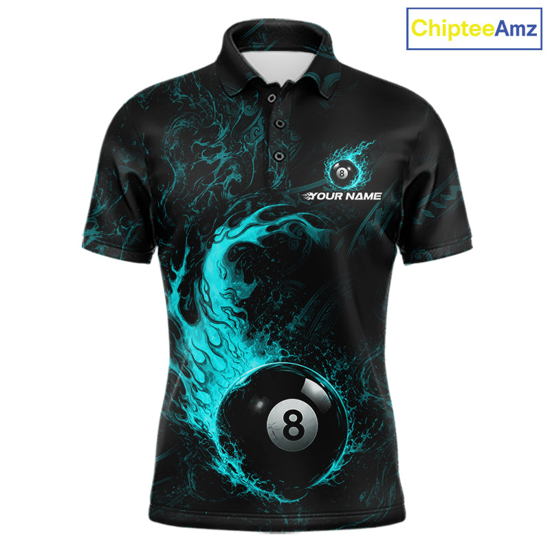 Teal Tribal Pattern Pool Billiard Shirt For Men Custom Flame 8 Ball Billiard League Team Jersey NYN4056