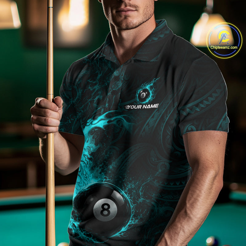 Teal Tribal Pattern Pool Billiard Shirt For Men Custom Flame 8 Ball Billiard League Team Jersey NYN4056