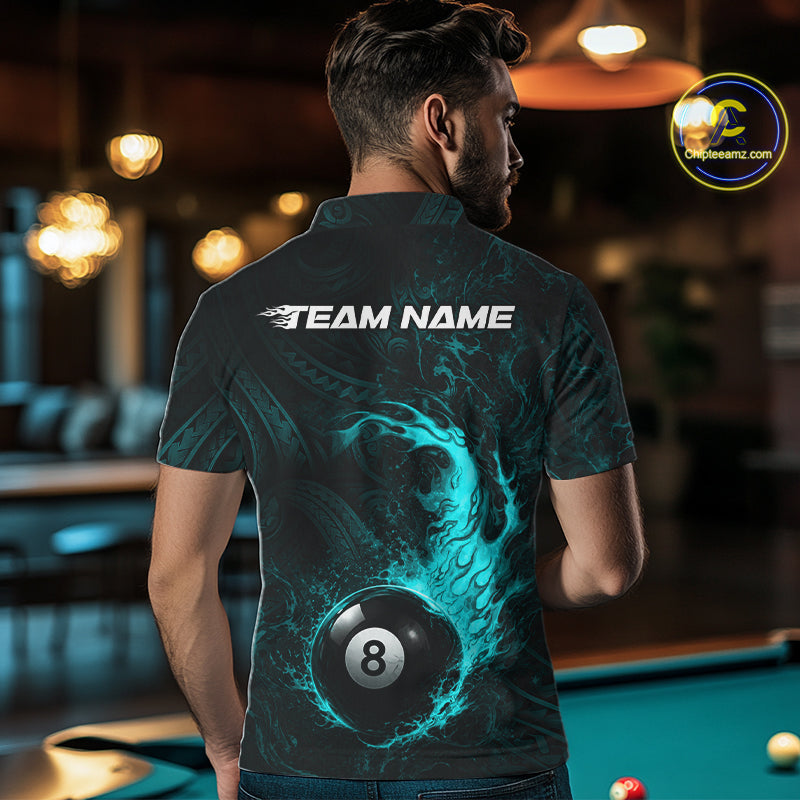 Teal Tribal Pattern Pool Billiard Shirt For Men Custom Flame 8 Ball Billiard League Team Jersey NYN4056