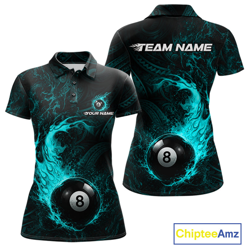 Teal Tribal Pattern Pool Billiard Shirt For Women Custom Flame 8 Ball Billiard League Team Jersey NYN4056