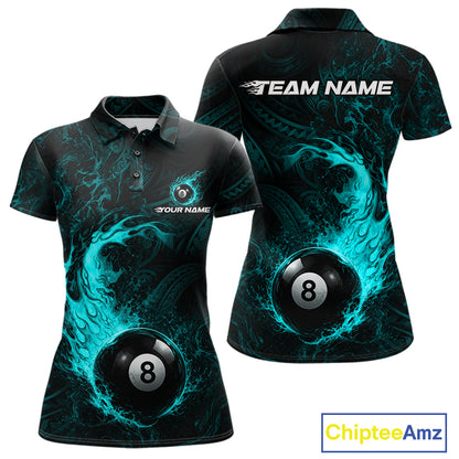 Teal Tribal Pattern Pool Billiard Shirt For Women Custom Flame 8 Ball Billiard League Team Jersey NYN4056