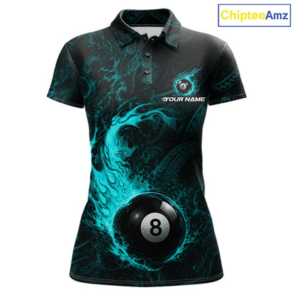 Teal Tribal Pattern Pool Billiard Shirt For Women Custom Flame 8 Ball Billiard League Team Jersey NYN4056