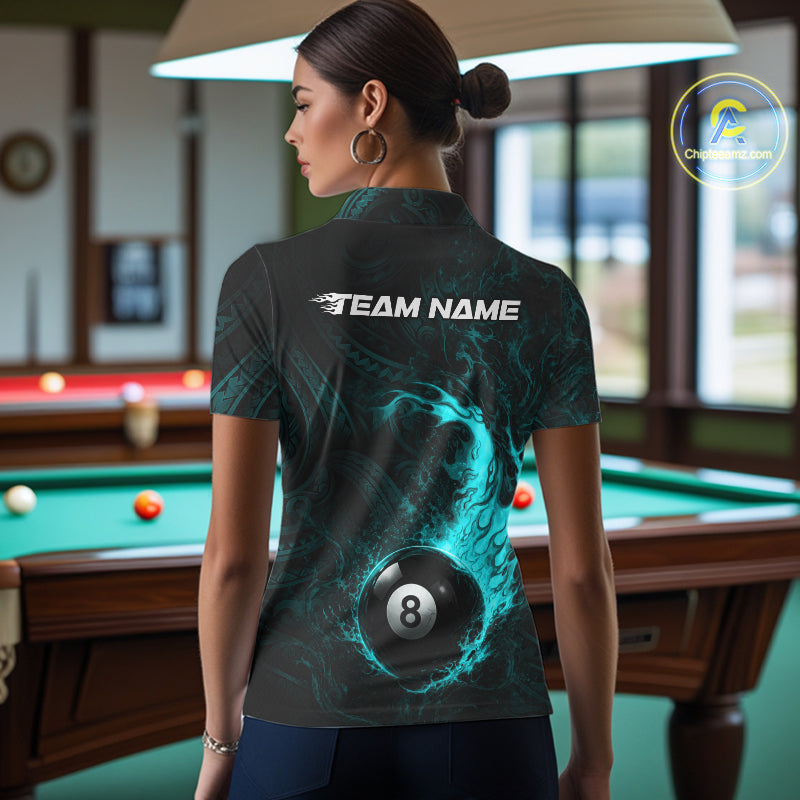 Teal Tribal Pattern Pool Billiard Shirt For Women Custom Flame 8 Ball Billiard League Team Jersey NYN4056
