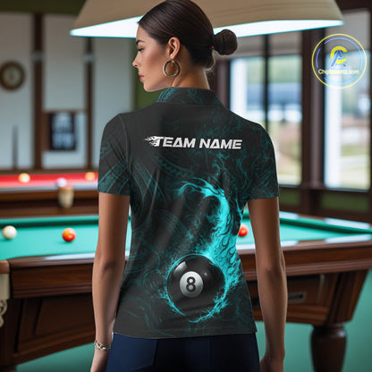 Teal Tribal Pattern Pool Billiard Shirt For Women Custom Flame 8 Ball Billiard League Team Jersey NYN4056
