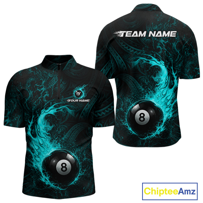 Teal Tribal Pattern Pool Billiard Shirt For Men Custom Flame 8 Ball Billiard League Team Jersey NYN4056