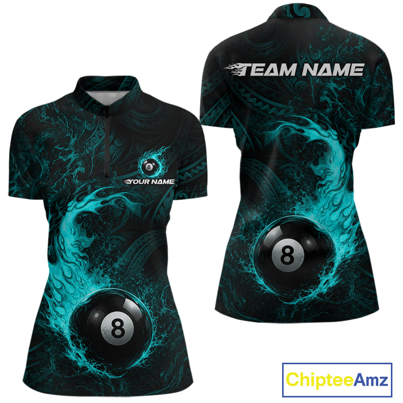 Teal Tribal Pattern Pool Billiard Shirt For Women Custom Flame 8 Ball Billiard League Team Jersey NYN4056