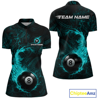 Teal Tribal Pattern Pool Billiard Shirt For Women Custom Flame 8 Ball Billiard League Team Jersey NYN4056