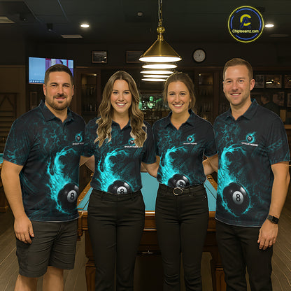 Teal Tribal Pattern Pool Billiard Shirt For Men Custom Flame 8 Ball Billiard League Team Jersey NYN4056