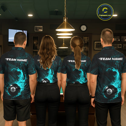 Teal Tribal Pattern Pool Billiard Shirt For Men Custom Flame 8 Ball Billiard League Team Jersey NYN4056