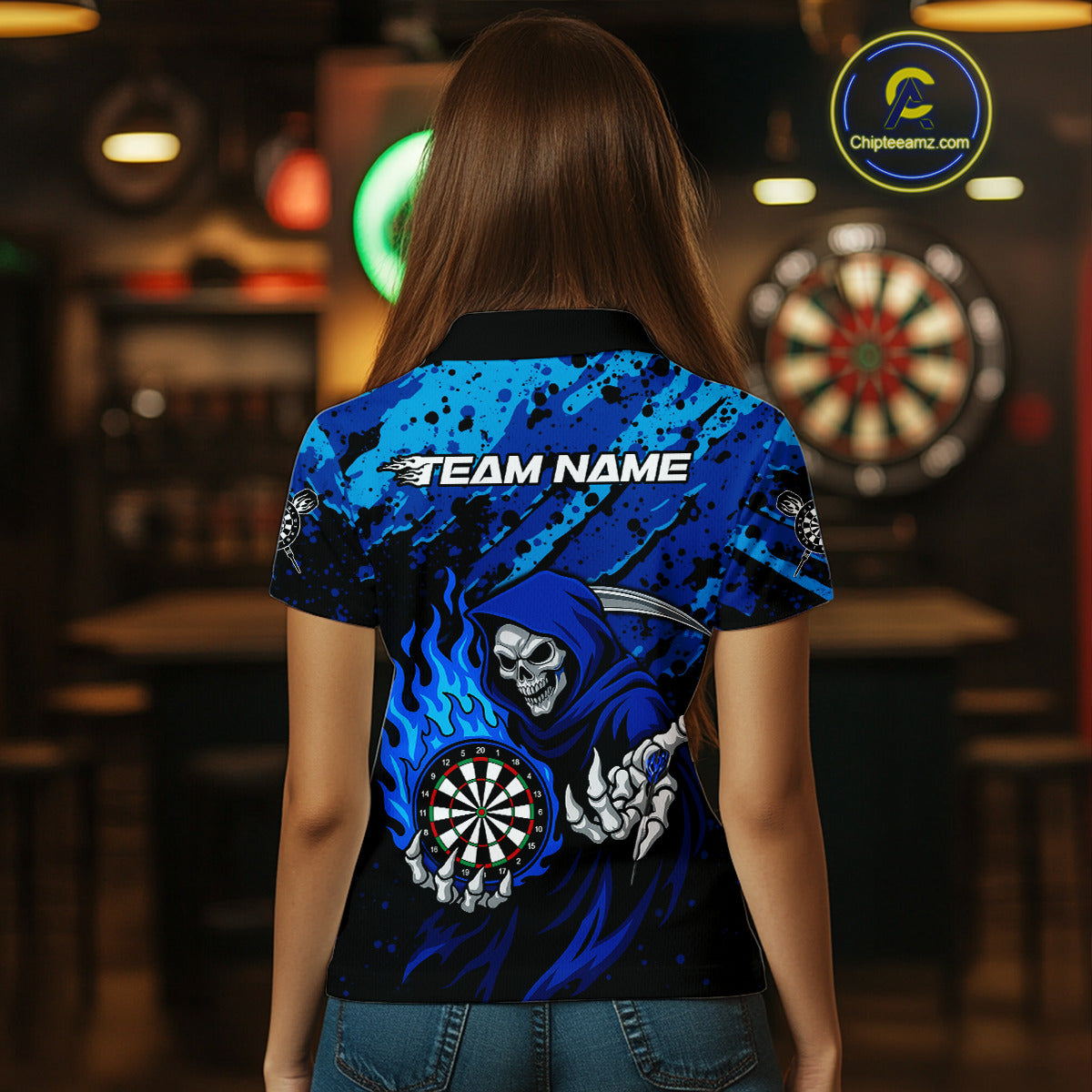 Custom Grim Reaper Blue Flames Dartboard Dart Women Polo Shirt Splatter Grunge Dart Jerseys NYN1631