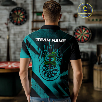 Custom Green Cobra Flames Dartboard Turquoise Grunge Dart Men Polo Jerseys Dart Shirt Gifts NYN1644