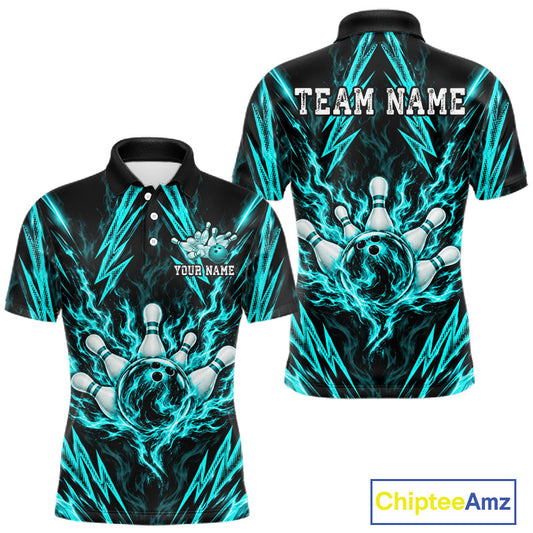 Custom Teal Lightning Bowling Jersey For Men Fire Flame Bowling Polo 1/4-Zip Shirt Bowler Gift NYN4801