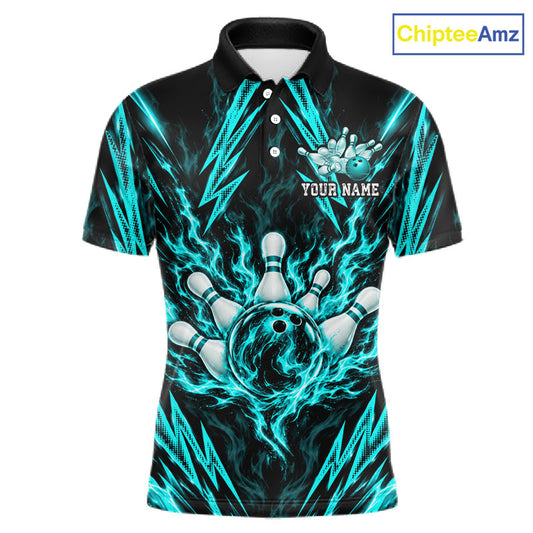 Custom Teal Lightning Bowling Jersey For Men Fire Flame Bowling Polo 1/4-Zip Shirt Bowler Gift NYN4801