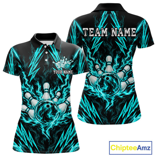 Custom Teal Lightning Bowling Jersey For Women Fire Flame Bowling Polo 1/4-Zip Shirt Bowler Gift NYN4801