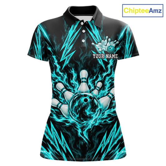 Custom Teal Lightning Bowling Jersey For Women Fire Flame Bowling Polo 1/4-Zip Shirt Bowler Gift NYN4801