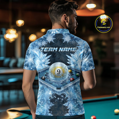 Icy Pattern Blue 9 Ball Pool Billiard Team Shirt For Men Custom Snowflake Billiards Ball Attire NYN3043