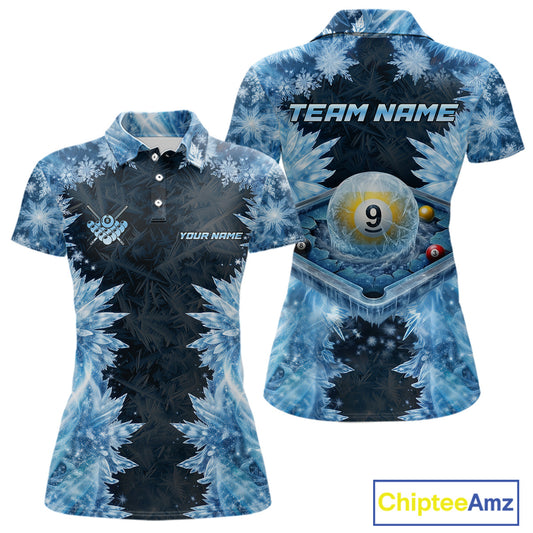 Icy Pattern Blue 9 Ball Pool Billiard Team Shirt For Women Custom Snowflake Billiards Ball Attire NYN3043