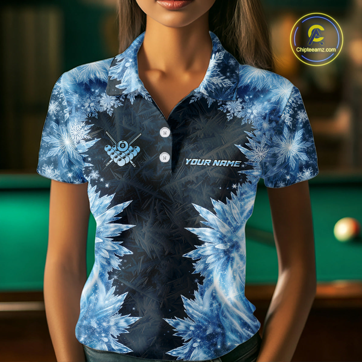Icy Pattern Blue 9 Ball Pool Billiard Team Shirt For Women Custom Snowflake Billiards Ball Attire NYN3043